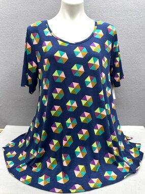NWT LuLaRoe Perfect T Women’s Size L Blue Geometric Stretch Tunic Top Blouse